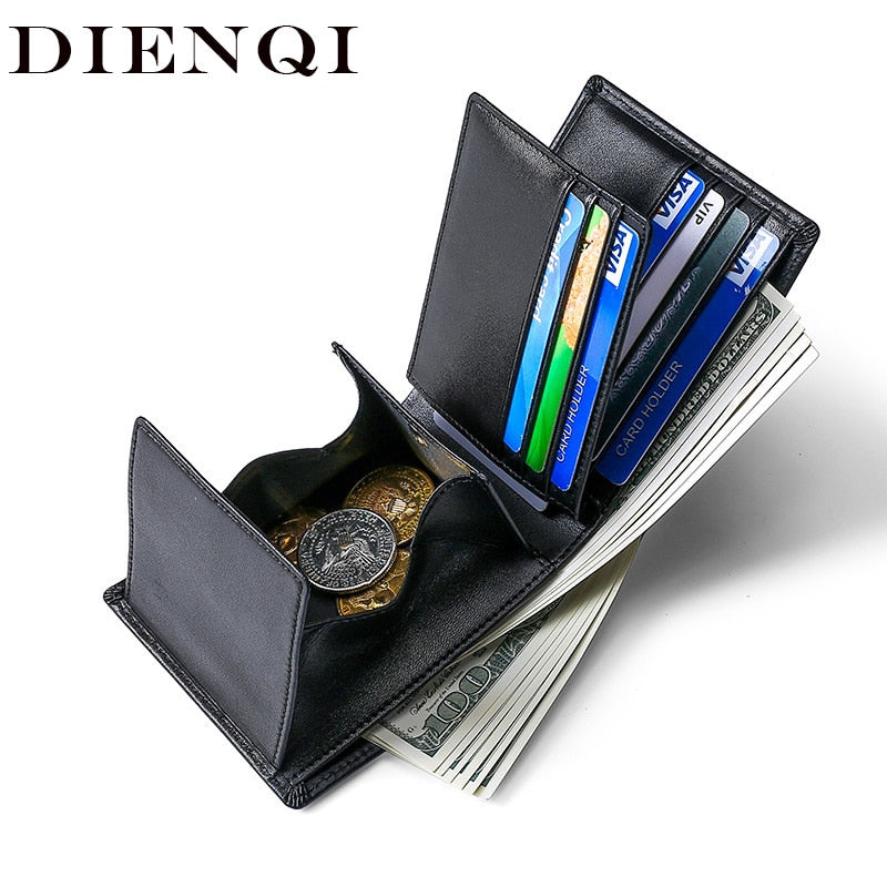 DIENQI Rfid Real Genuine Leather Men Wallets Small Slim Billfold Card Wallet Money Purses Coin Pocket Bag Black Male Walet Valet