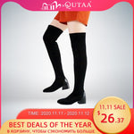 QUTAA 2021 Women Over The Knee Boots Autumn Winter Square Toe Women Shoes Stretch Flock PU Square Heel Long Boots Size 34-43