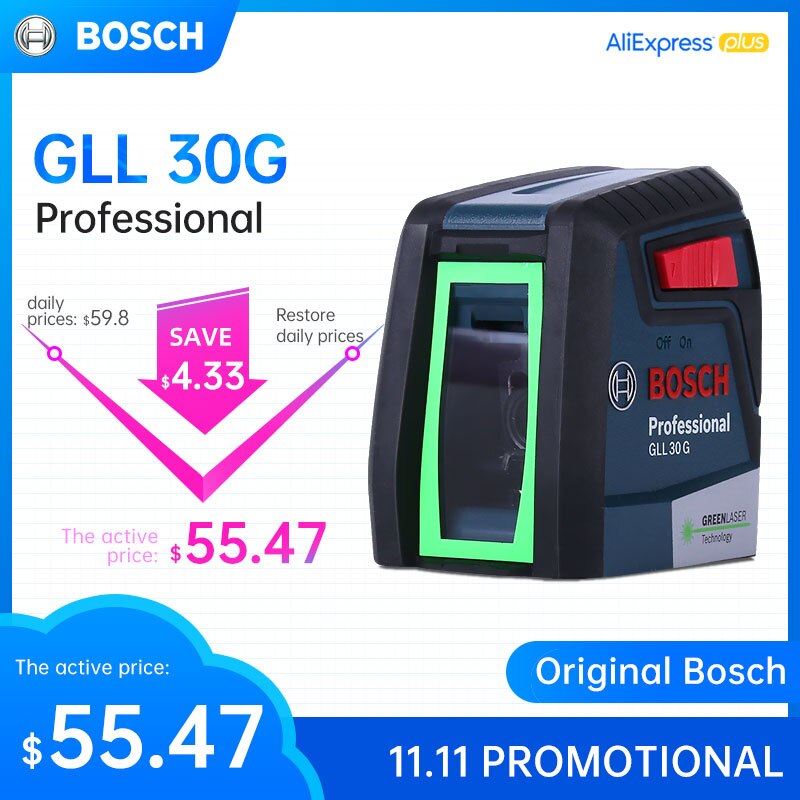BOSCH רמת לייזר GLL30G אור ירוק אופקי אנכי דיוק גבוה שני קו מכשיר פילוס אוטומטי פנימי או חיצוני