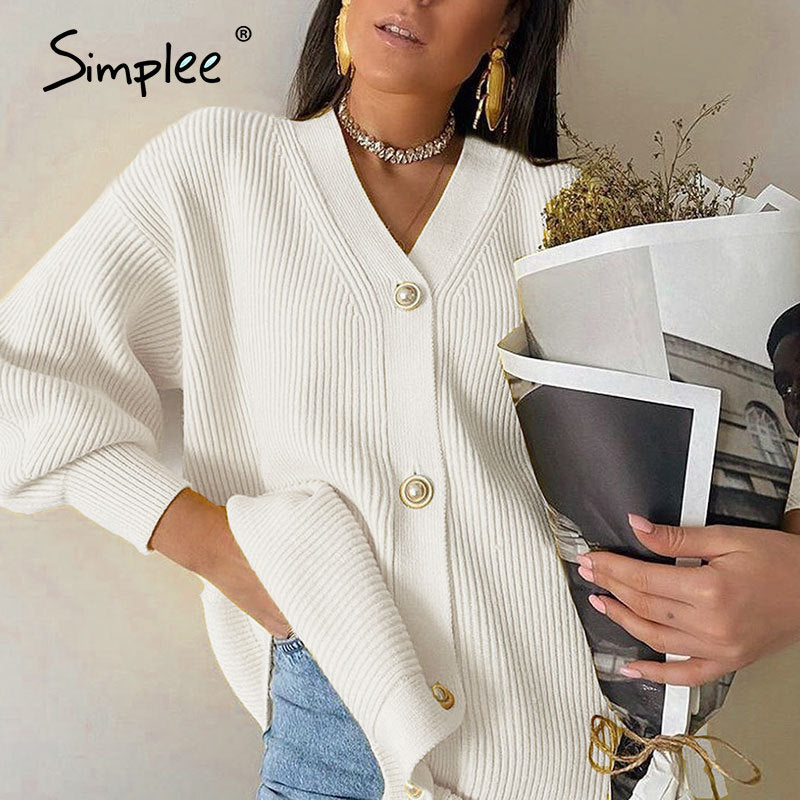 Simplee Casual v-neck knitted cardigan women Autumn winter lantern sleeve button female cardigan Fashion ladies oversize sweater